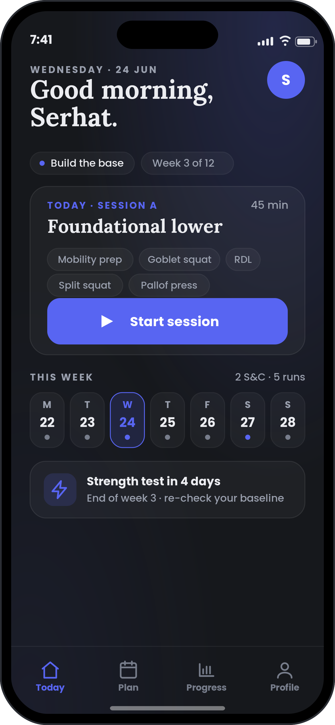 Kineto app — today's session and weekly schedule